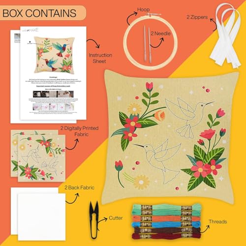 Image of picknMAKE Beginners for Set Kit Embroidery Hand Cover Cushion DIY 2 of Pack - Covers Pillow /Cushion Handmade Bliss Hummingbird | Decor Home | 16 inchx16 inch | Pattern Printed Digitally | Included Materials All
