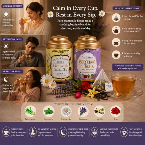 Image of Sancha Tea Boutique, Tea Combo Pack: Chamomile Herbal (50g) & Bedtime Tisane (25 Pyramid Bags), Best Sleep, Calming & Relaxing Caffeine Free Herbal Tisanes
