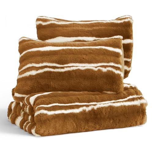 Image of Wonderful 3 Pieces Fluffy Faux Rabbit Fur Comforter Set King Size, Caramel Plush Fuzzy Bedding Set, Animal Stripes Design Warm Soft Comforter Bedding Set for All Season,104 inchx94 inch