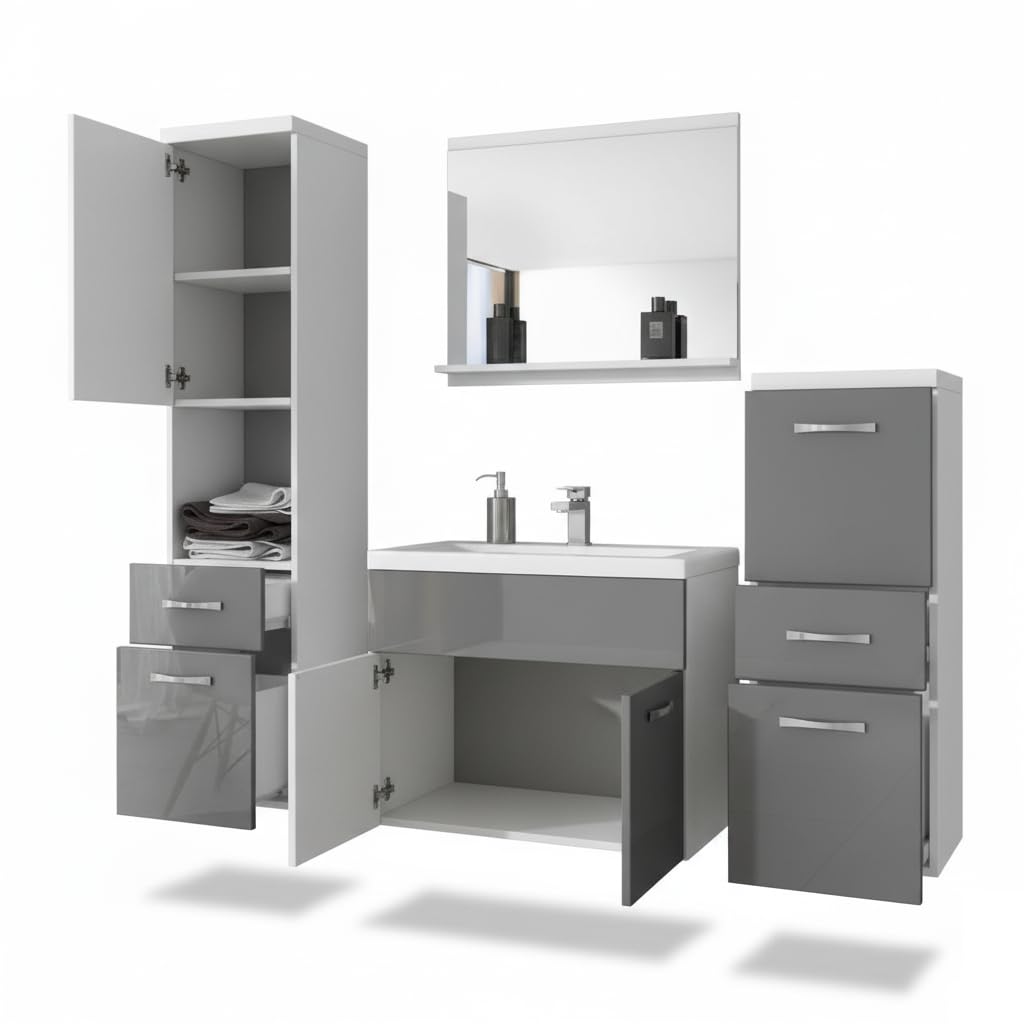 MINIO go for it - Badezimmer möbel ALO, 4-Teilig Badmöbel Set mit Spiegel | 1x Badezimmer Spiegel mit Ablage, 1x Waschtisch Mit Unterschrank, 2x Badezimmerschrank, Weiß Matt / Grau Hochglanz
