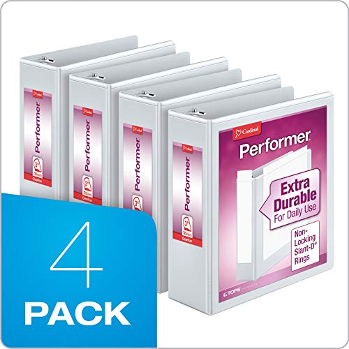 Cardinal Performer 3-Ring Binders, 3", Non-Locking Slant-D Rings, 725-Sheet Capacity, Clearvue Presentation, Non-Stick, Pvc-Free, White, 4-Pack (27600) #TOP5