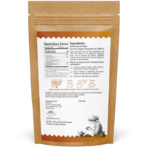 Image of 50 Bags Turmeric Ginger Cinnamon Herbal Tea Blend (Curcuma Longa, Zingiber, Cinnamomum) - 50 Count 2g Bags Spiced Herbal Infusion Te De Curcuma Jengibre