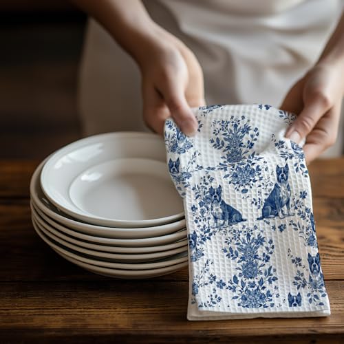 Image of Chinoiserie Boxer Dog Kitchen & Hand Towels Set of 2, Blue and White Floral Dog Dish & Tea Towels for Farmhouse Kitchen Bathroom Decor,Vintage Toile Dog Lover Gifts for Women 16x24 Inch