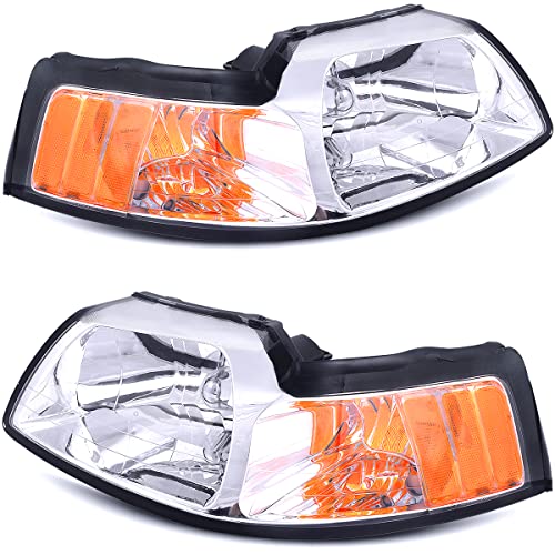 oEdRo Headlight Assembly Replacement for 1999-2004 Ford Mustang, Headlamp with Amber Reflector Chrome Housing