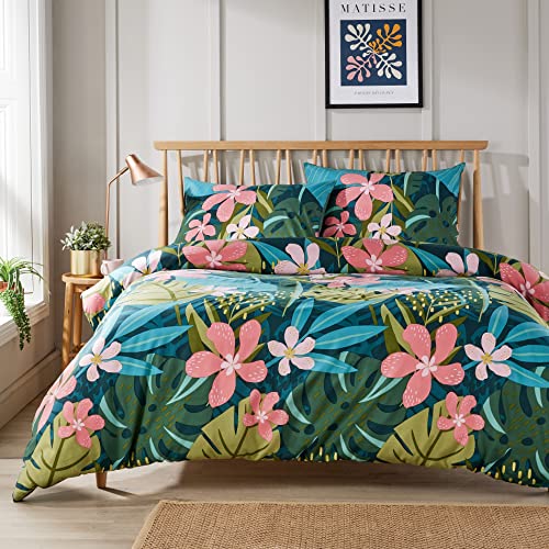 Olivia Rocco Easy Care Printed Duvet Cover Set 100% Polyester Breathable Stylish Comforter Reversible Quilted Bedding Bed Sets With Pillowcases EDEN DUVET SET, GREEN DOUBLE
