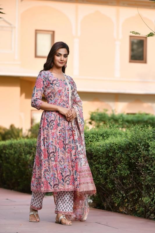 Image of PRISTINO Women's Rayon Floral Print Anarkali Kurta And Trouser With Dupatta Set