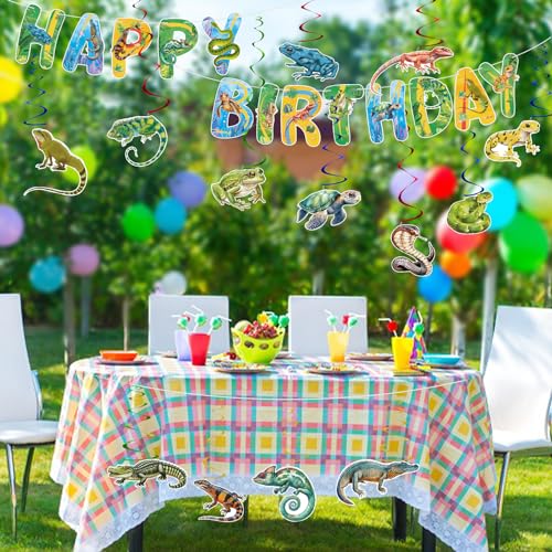 Image of Hooqict Reptile Birthday Party Decorations Reptile Swamp Happy Birthday Banner and 15 Pcs Hanging Swirls Safari Animals Lizard Snake Alligator Turtle Party Favors Supplies