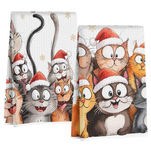 2 Pcs Cute Cat Christmas Kitchen Towels, Cat Gifts Absorbent Hand Towels
