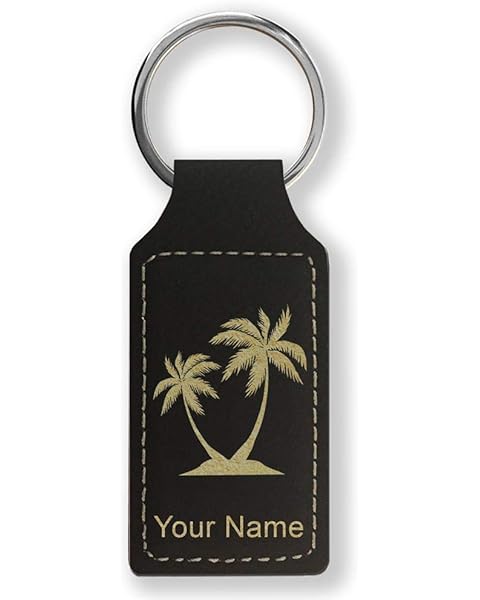 LaserGram Rectangle Keychain, Palm Trees, Personalized Engraving Included (Black with Gold)