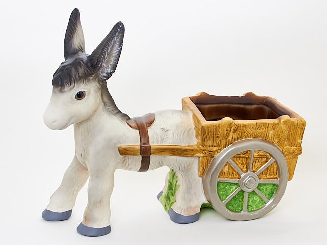 Burro con Carro Maceta Colores Vivos Diseño Detallado Artesanía Pintado a Mano Figura Versátil Jardín Exteriores 42x15x21H cm