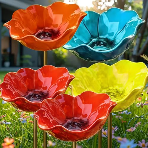 2026 New Metal Flower Garden Stakes Bird Bath Upgraded Handmade Metal Flower Garden Stake with Bee Bath & Bird Water Bowl Weather-Resistant PollinatorMini Bird Bath (4pcs b)