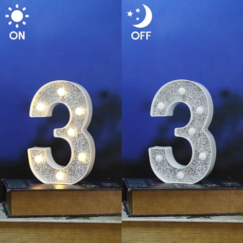 Image of Light Up Letters, Marquee Light Letter for Table Decorations, Glitter Light Up Signs for Prom, Events, or Engagement Party Decor, Featuring Alphabet & Number Lighted Letters, Number 3