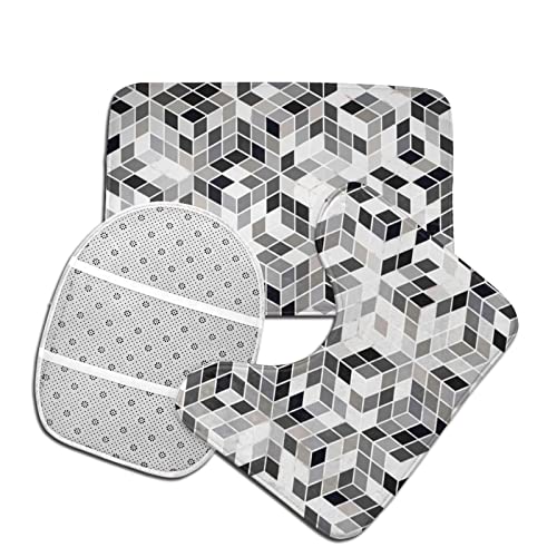 DIRYKILP Badematte + Konturmatte + Toilettendeckelbezug, abstraktes Kunstwürfelmuster 3 Stück Badematten Set, mit rutschfester Klebeunterseite – Bild 5