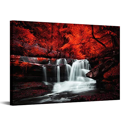 Conipit Black White and Red Wall Art Red Tree Waterfall Picture Canvas Landscape Print Artwork for Living Room Autumn Red Forest Water Wall Decor Painting Framed Ready to Hang 24x36 Inch