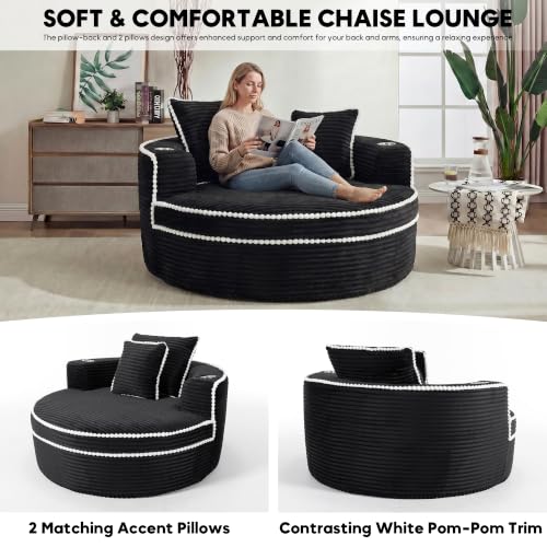 Image of Oversized Round Chair Lounge Chaise Indoor, 54.3 inch Upholstered Corduroy Deep Seat Single Cloud Sofa Chair with Cup Holder, Modern Large Circle Boneless Sleeper Sofa for Living Room, Black
