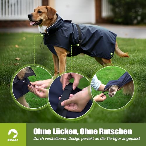Zellar Hunderegenmantel, Wasserdicht & Verstellbar - Leichte Regenjacke mit Reflektierendem Streifen & Kragenloch für Mittelgroße, Große Hunde, Schnell-Anlege-System, Atmungsaktiv (L, Blau)