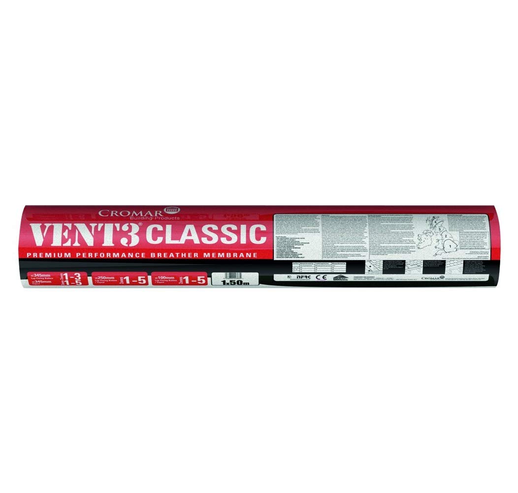 Cromar Building Products Vent 3 Classic 1 x 25m Breathable Roofing Underlay, Grey, 1 m