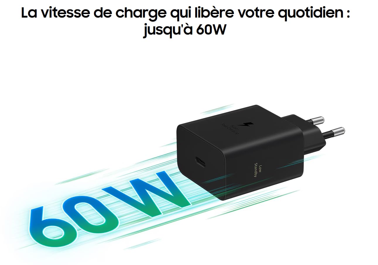 Samsung Chargeur USB - C, Adaptateur Secteur 60 W Ultra Rapide, Adaptateur USB - C vers USB, Chargeur Samsung Charge Rapide, Original, sans câble, Noir