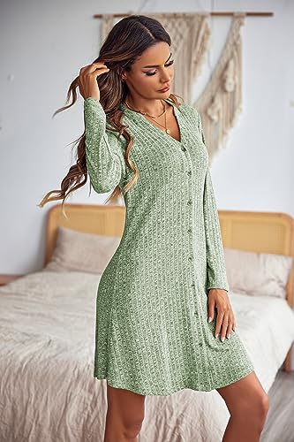 Ekouaer Nightgowns for Women Button Down Night Shirt Long Sleeve Ribbed Knit V-Neck Sleepwear Pajama Dress4
