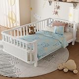 Metal Twin Size Montessori Bed with Fence & Slats, Platform Bed Frame with Detachable Side Rails, Rounded Corners, Safe & Easy Assembly,White Montessori Bed Twin Size