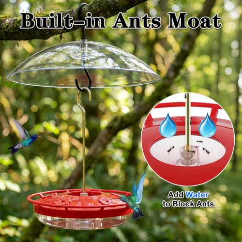 Image of FEED GARDEN Hummingbird Feeder with Rainproof Dome, 16oz Nectar Feeder 11.8 inch Rain Guard Weatherproof Ant Moat Easy Fill & Clean Hanging Leak-Proof BPA-Free