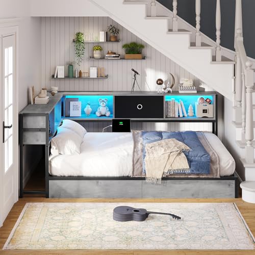 Image of Hasuit Full Corner Bed Frame with Storage Drawers and Bookcase Headboard, Full Size Metal Platform Corner Bed Frame with Charging Station and LED Lights, Full Daybed for Kids Teens Guests, Oak Gray