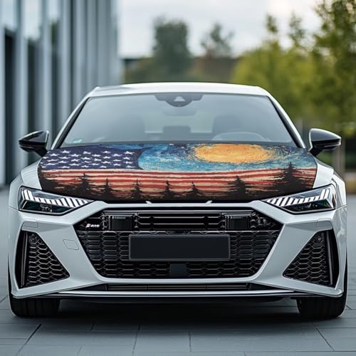 Image of Waterproof Car Hood Cover American Flag Stars Stretch Protector for Car Hood Removable Automotive Accessories for Most Automotive Sedans Trucks Pickup SUVs