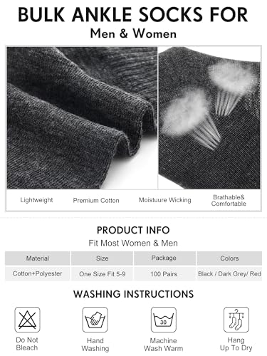 Image of Tarpop 100 Pairs Bulk Mens Socks Moisture Wicking Casual Sports Ankle Socks for Homeless Unisex Adult Men Women