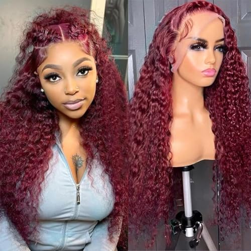 Image of Nsvnsv Burgundy Wig Human Hair 99j Burgundy 13x6 Deep Wave Lace Front Wigs Human Hair Pre Plucked 180% Density HD Transparent Lace Frontal Wigs for Black Women Red Colored Wig 24 Inch