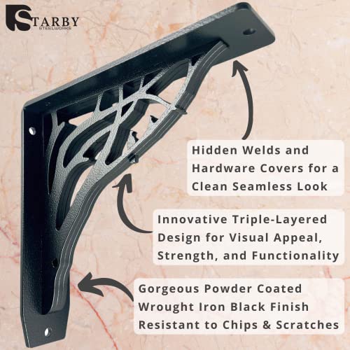 Starby Angel Oak Heavy Duty Shelf Bracket Kit, 8 Inch X 8 Inch - Set Of Two Metal Shelving Brackets - Wood Shelves, Decorative Countertop Corbel And Mantel Mounting Support With Cast Iron Finish #TOP3
