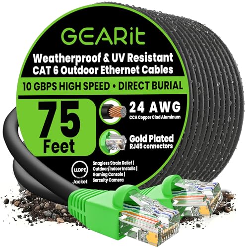 GEARit Cat6 Ethernet Cable 75ft Outdoor Direct Burial Cat 6 Cable 24AWG High Speed Up to 10Gbps/550MHz LLDPE (PE) UV-Resistant Waterproof Jacket CCA RJ45 Lan Internet Cable for Router- Black 75FT