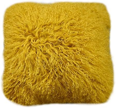 Lichao E Cloud Mongolian Lamb Fur Pillow Cover Luxurious Sheep Skin Gift Cushion Cover Soft Plush Curly Pillow Case Home Decorative Throw Pillow Plain Wool Cover 16 X16 Inch Bedroom (Olive Yellow)