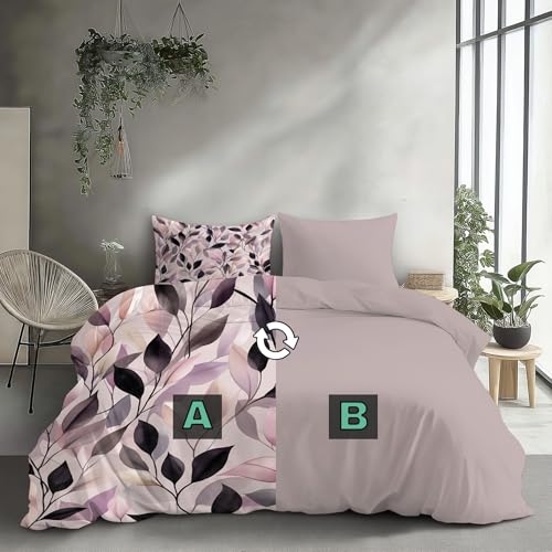 Linge de lit parure housse couette microfibre zippée violette et végétale