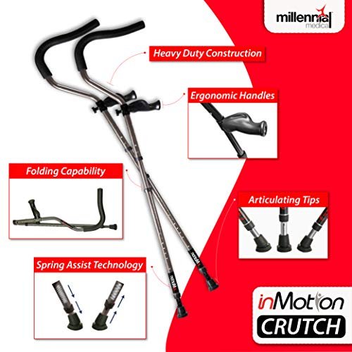 in-Motion Pro Crutches | Foldable | Ergonomic Handles | Spring Assist Technology | Articulating Tips | Size Short (4'9" - 5'8") | White