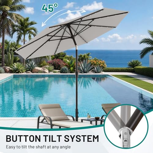 Image of AreShark 9FT Patio Umbrella with Solar Lights, 32 Lighted Pool Umbrella w /Tilt and Crank, Outdoor Market Solar Umbrellas for Garden, Deck, Backyard, Pool and Beach, Light Gray