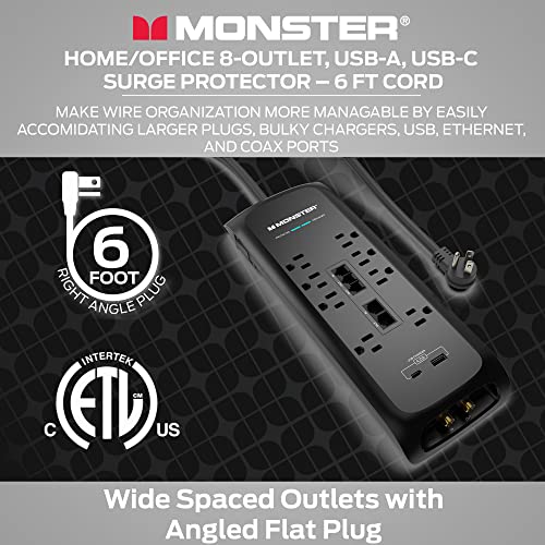 Monster 6Ft Black Heavy Duty Power Strip And Tower Surge Protector, 4050 Joule Rating, 8 120V-Outlets, 1 Usb-A And 1 Usb-C Port - Ideal For Computers, Home Theatre Home Appliances And Office Equipment #TOP2