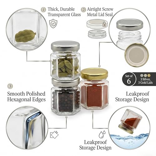 Image of Cute Hexagonal 50 grams Airtight Glass Jar Containers for Honey, Spices & other Kitchen Items with Rust Proof Gold & Silver Color Caps -Set of 06