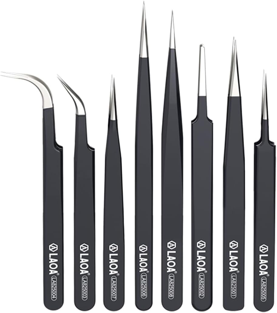 LAOA 8-Piece ESD Anti-Static Tweezers Set, Precision 302 Stainless Steel Tweezers Kit, Straight & Curved Tips for Electronics, Soldering, Jewelry & Crafts