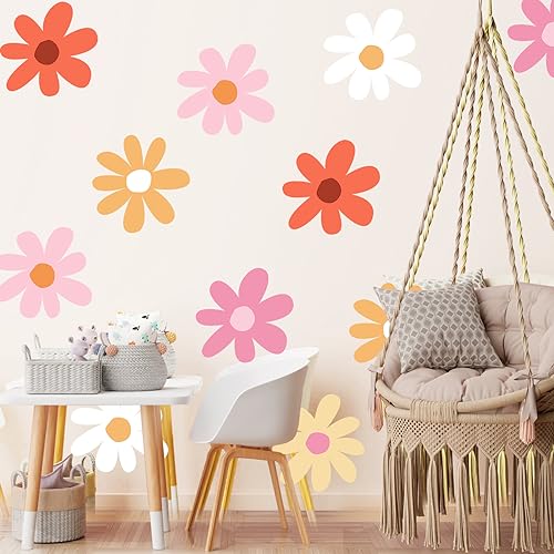 Image of TaoBary 12 Sheet Daisy Wall Sticker Decal Removable Cute Daisy Bedroom Room Decor Flower Wall Sticker Pink White Flower Decal Wallpaper Peel and Stick for Nursery Home(Bright Color,Minimalist Style)
