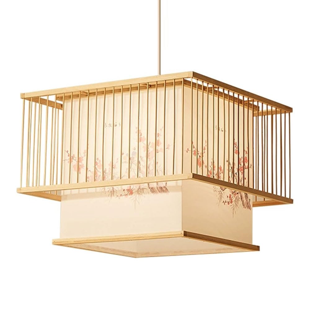 LQZCXMF with Wooden Canopy Chandelier Square Large Bamboo Light Fixtures 1-Light Unique Linen Faux Parchment Lampshade Bamboo Hallway Lamp for Restaurant Bar Cafe Kitchen Dining Room - 15.7''