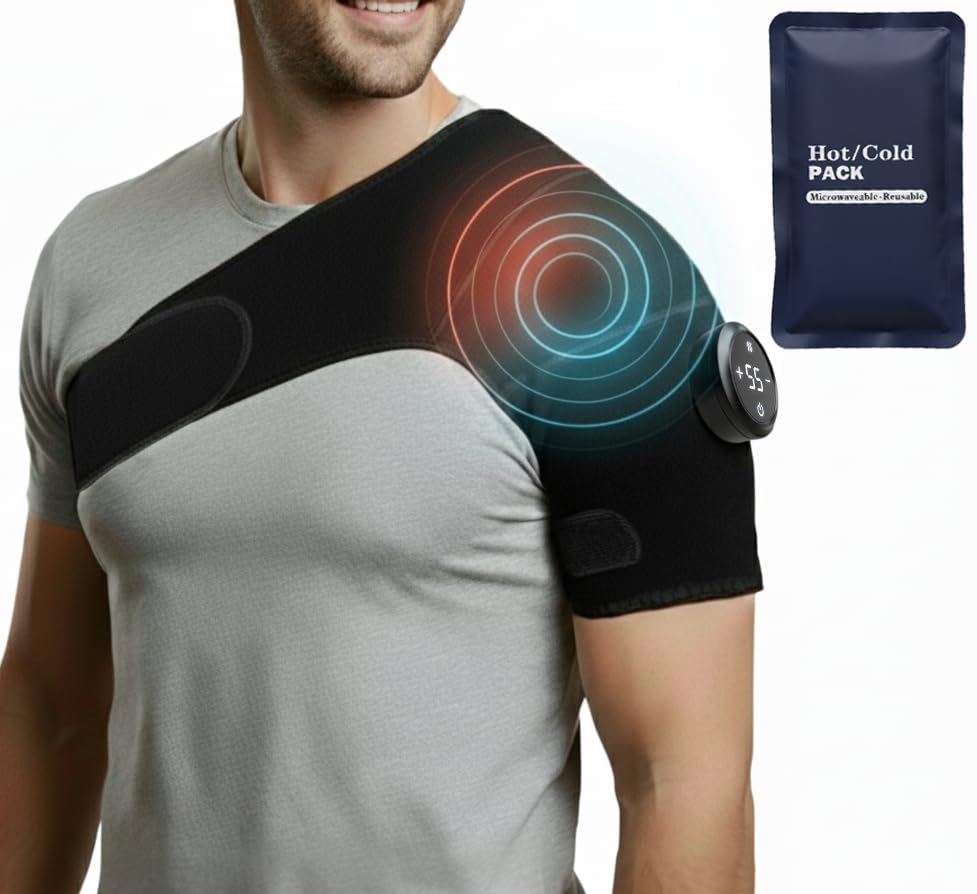 Cordless Shoulder Heating Pad with Vibration Cold Gel Pack Heat Cool Massage Support Wrap 6 Heat Level 3