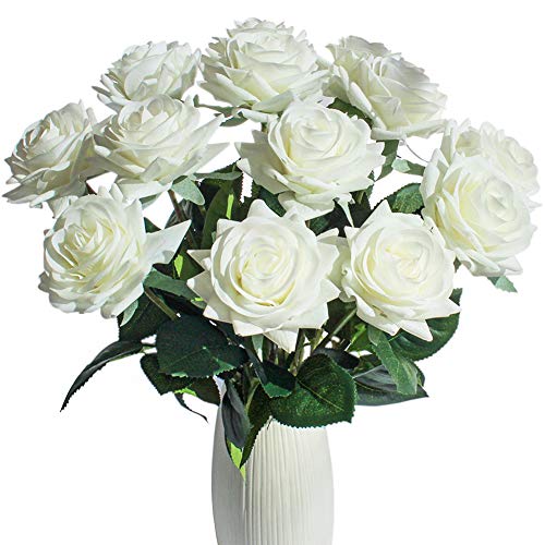 JOEJISN Artificial Flower Roses Fake Roses 12pcs Real Touch Artificial Roses Silk Artificial Roses Long Stem Bridal Wedding Bouquet for Home Garden Office Wedding Decorations (Pure White)