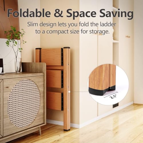 Image of SOLADDER 3 Step Ladder, Folding Aluminum 3 Step Stool with Anti-Slip Wide Sturdy Pedal, Multi-Use for Home and Kitchen, Space Saving-Woodgrain(300 lbs Capacity)