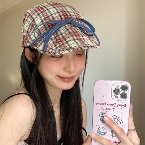 Girls Painter Hat French Hat Checkered for Holiday Photography Handmade Elegant Bowknot Painter Hat4