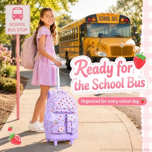 Image of CCJPX 3Pcs Rolling Backpack for Girls, Roller Wheeled School Bookbag, Strawberryra Wheels Backpacks with Lunch Box for Kids (Purple)