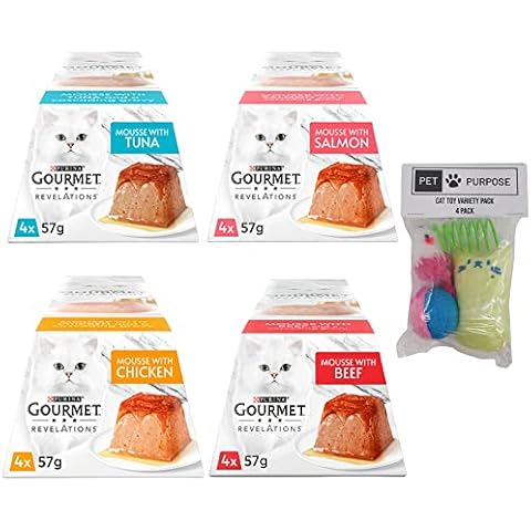Gourmet Revelations Cat Food in Gravy/Mousse | 16x 57g Wet Cat Food Portions in 4 Delicious Flavours - Tuna, Salmon, Chicken and Beef | 1x Pet Purpose Cat Toy Variety Pack Cover