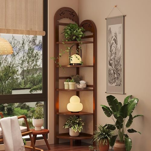 Freistehendes Eck-Bücherregal, 5 Etagen, Rattan-Regal, Organizer für...