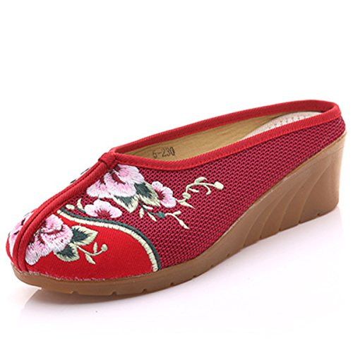 Qhome Women's Chinese Floral Embroidery Comfortable Linen Casual Mules Wedge Slippers Shoes