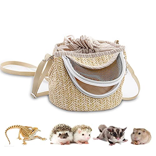 Small Pet Carrier Bag Hamster Carrier Bag with Long Detachable Shoulder Strap, Light Coffee Color Straw Mesh Breathable…