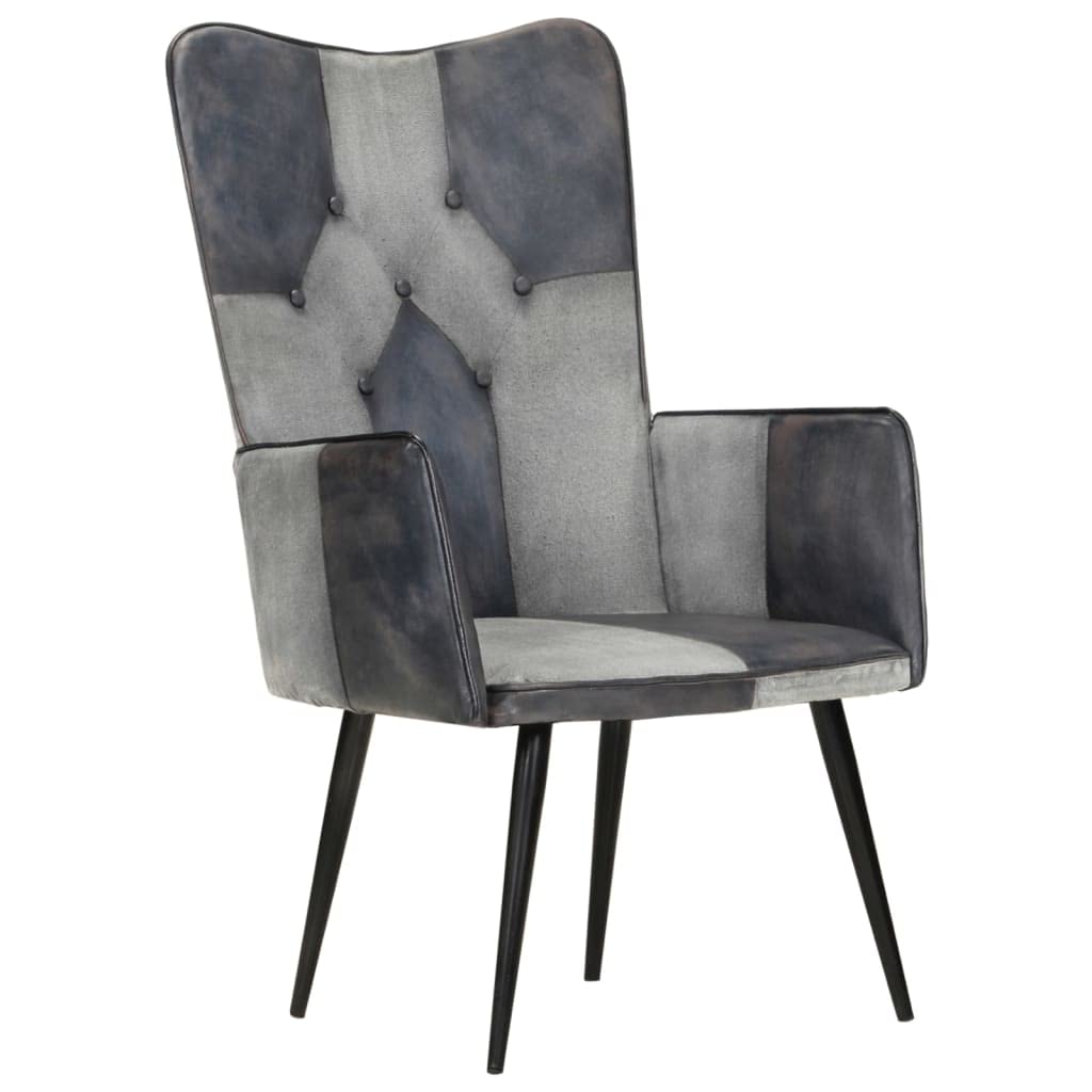 Sillón Orejero de Cuero Auténtico Gris, Silla de Descanso con Asiento Acolchado y Respaldo Suave, Patas de Hierro Estables para Sala de Estar o Dormitorio, Diseño Ergonómico
